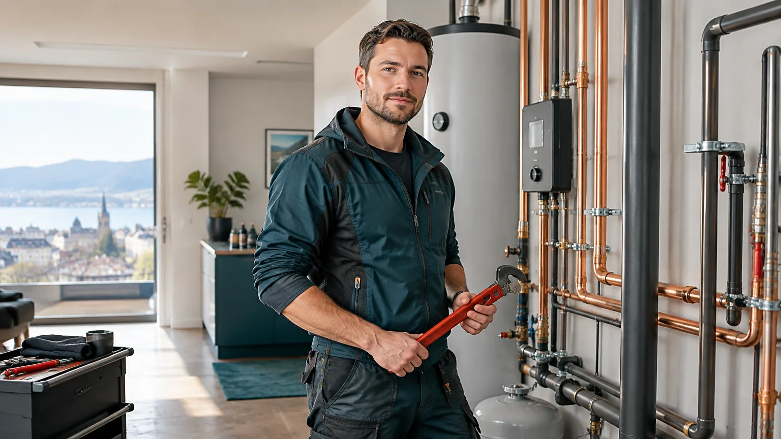 Mein Luxus AG Haustechnik-Techniker in einem modernen Zürcher Technikraum